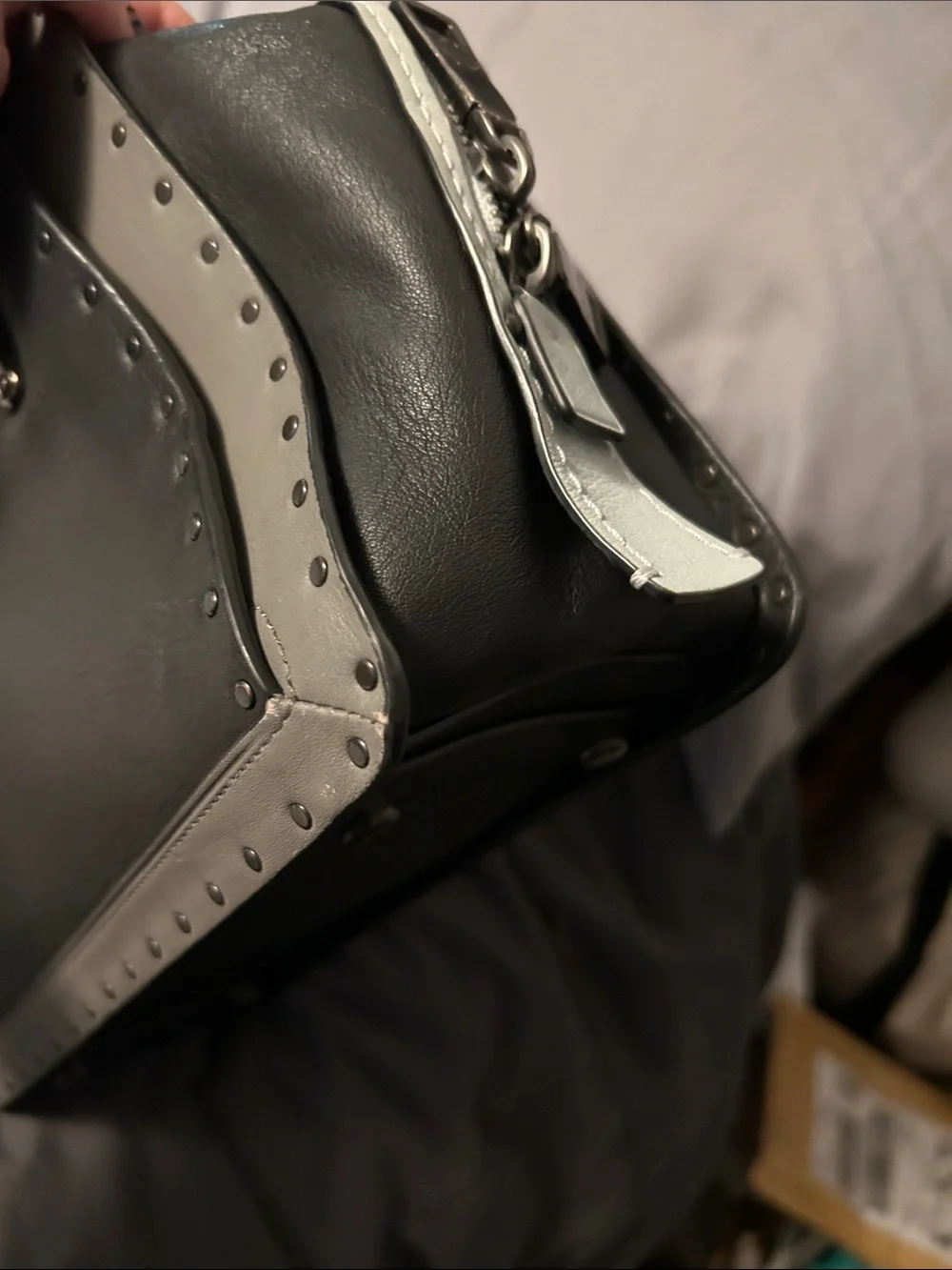 Coach Dreamer 27 Black, Light Gray, and Baby Blue Studded Leather Satchel - Picture 11 of 13